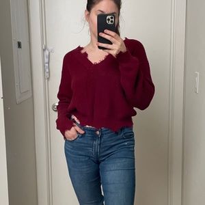 Forever 21 Maroon Distressed Crop Sweater